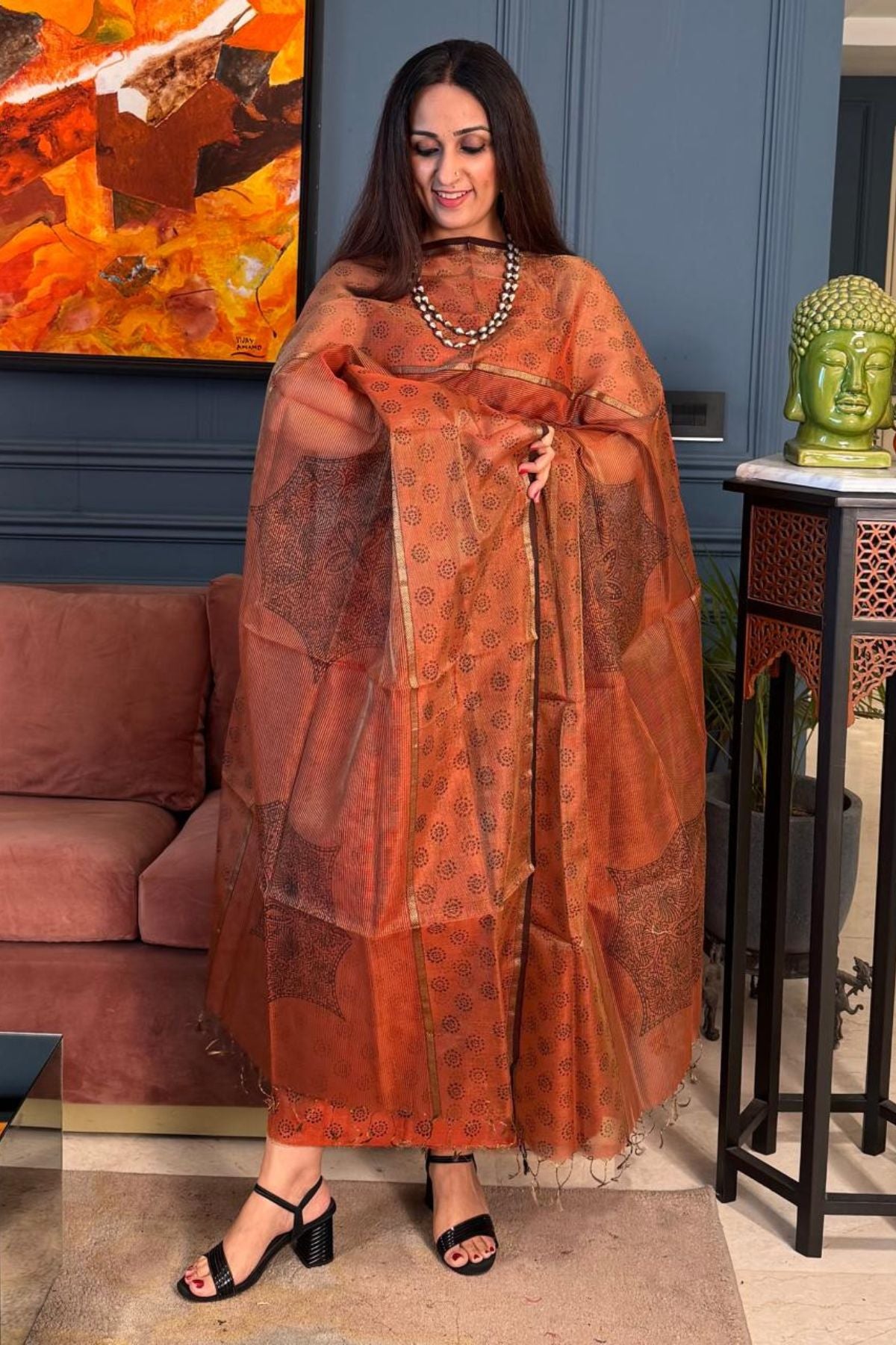 Handblocked tissue Maheshwari kurta dupatta set